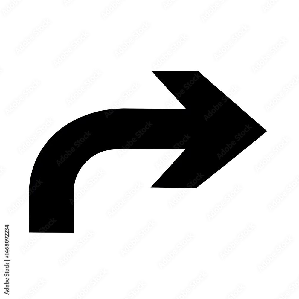 Poster curved arrow pointing right direction vector graphic isolated on white background