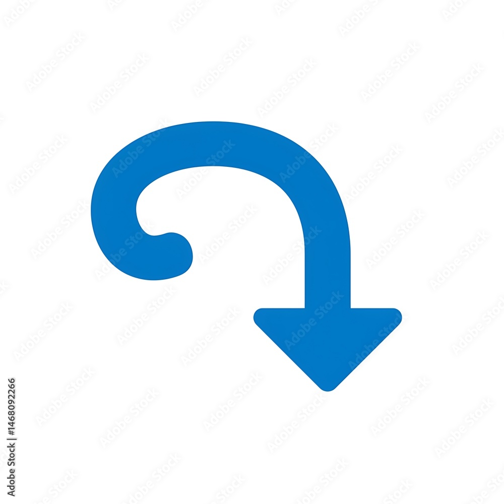 Poster blue curved arrow pointing down direction isolated on white background