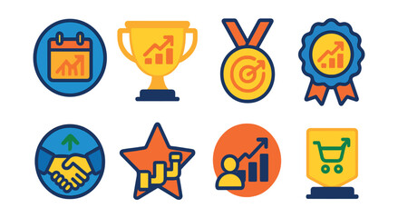 Flat vector icons of sales forecasts: monthly sales projection badge, quarterly revenue goal trophy, yearly sales target medal, market growth forecast ribbon, customer demand trend badge, product