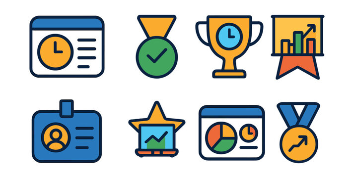 Flat vector icons of productivity and time tracking analytics: time log dashboard badge, task efficiency analysis medal, project time allocation trophy, workday productivity graph ribbon, employee