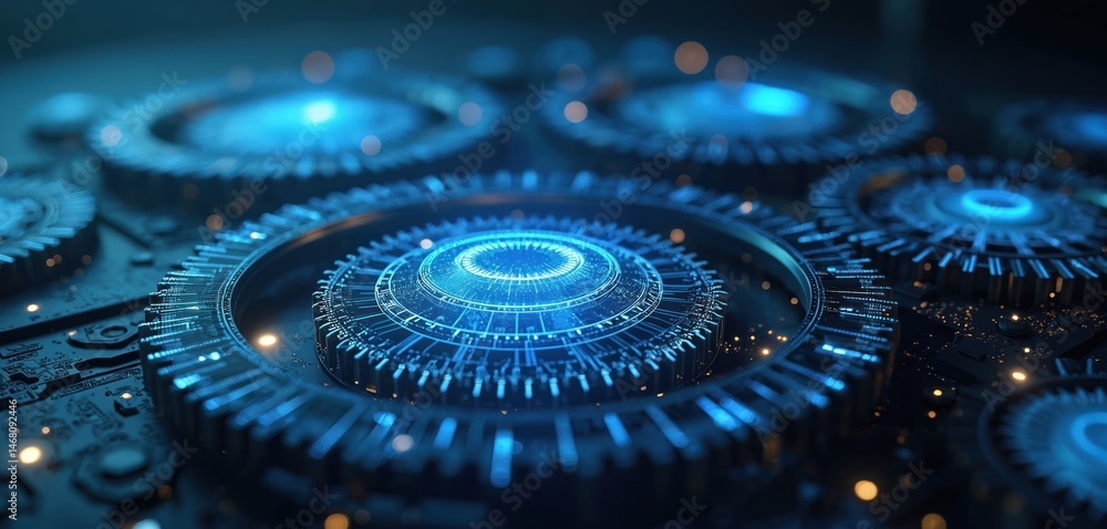 Poster Futuristic gears design with digital technology. Blue glowing mechanism in futuristic setting. Innovation concept with circular circuit board. Digital transformation, tech, progress, engineering, AI.