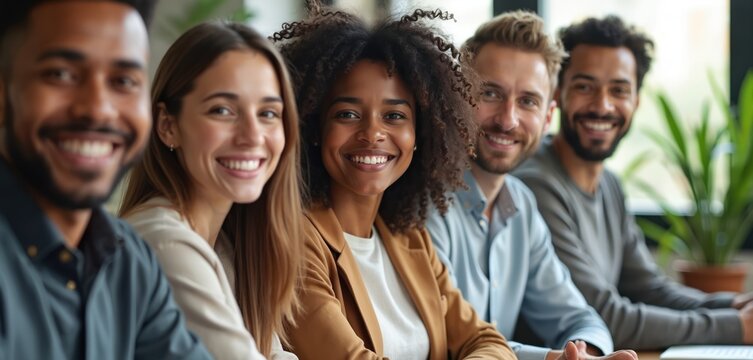 Group young professionals smile, look camera. Diverse team business people at office, successful coworkers. Collaboration, positive work environment. People, company, organization. Portrait of team, - Powered by Adobe