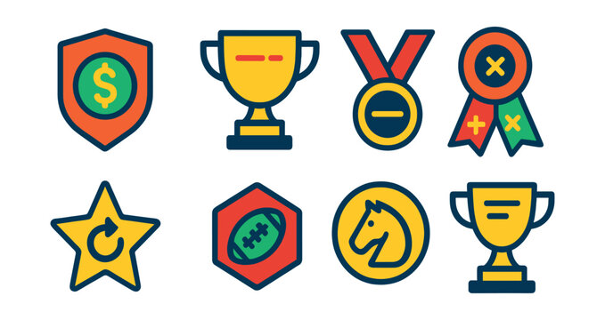Flat vector icons of betting types: moneyline bet badge, point spread betting trophy, over-under total bet medal, parlay combination betting ribbon, teaser bet variation star, prop bet challenge