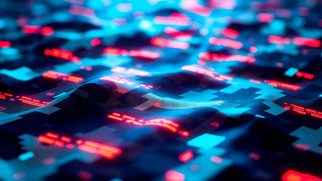 Pixelated Camouflage Texture With Glitches And Neon Highlights