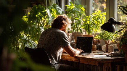 Man works on laptop, home office, plants, sunlight
