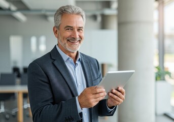Fototapeta premium Man with gray hair smiles holding a tablet device in an office setting with neutral background color