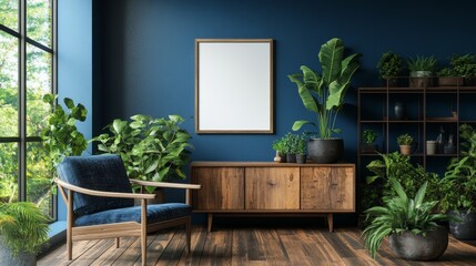 A modern home decor template displaying a living room with a stylish interior that includes a blue navy commode, a mock-up poster frame, various decorations, a book, and refined personal accessories