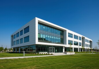Exterior view of a modern white building with glass windows under a clear blue sky during daytime
