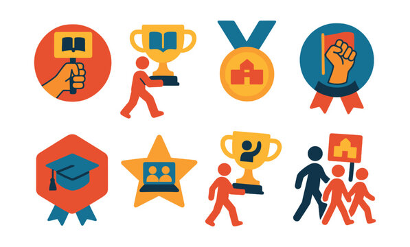 Flat vector icons of educational activism: education for all protest badge, literacy campaign march trophy, school access advocacy medal, student rights demonstration ribbon, free education protest