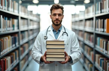Doctor in white coat, stethoscope around neck, holding stack medical textbooks. Library background with bookshelves full of books. Education, healthcare, research, medical knowledge. Professional,
