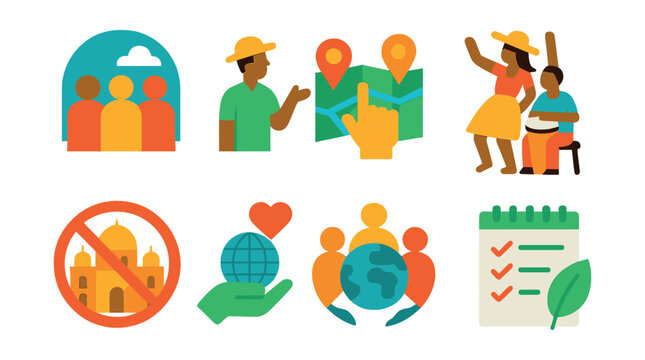 Flat vector icons of small group travel: joining small group tours badge, supporting local guides badge, choosing personalized travel badges, participating in cultural immersion programs badge,