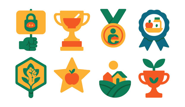 Flat vector icons of food justice activism: food security protest badge, hunger awareness march trophy, fair food access campaign medal, school meals advocacy ribbon, food sovereignty movement badge,