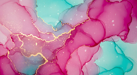 Abstract Pink and Teal Fluid Art Background with Golden Accents for elegant web and print designs