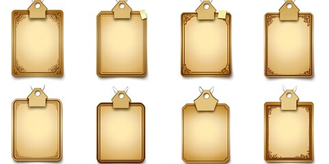 Eight Vintage Brown Wooden Frames with Blank Paper Notes