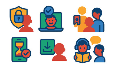 Flat vector icons of protecting children online: setting parental controls badge, using kid-safe browsers badge, educating about online dangers badge, practicing supervised device use badge,