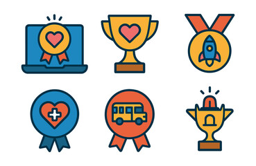 Flat vector icons of crowdfunding campaigns: online fundraising platform badge, personal cause support trophy, startup charity project medal, creative project crowdfunding ribbon, medical expense