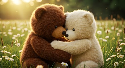 Teddy Bears Hugging in a Daisy Field with Warm Sunlight