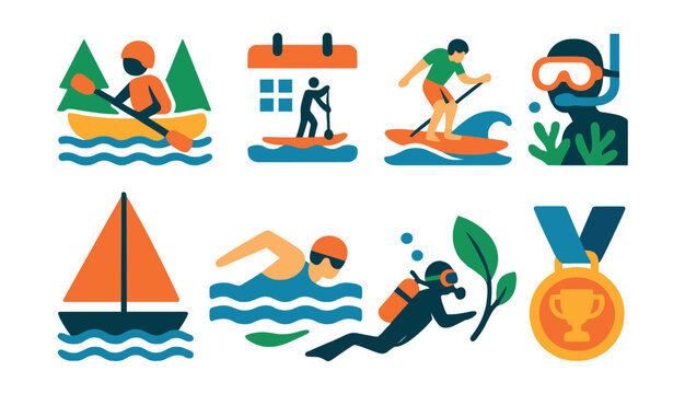 Flat vector icons of water sports adventures: kayaking river trips badge, stand-up paddleboarding planner, beginner surfing lessons badge, snorkeling eco tours badge, sailing club participation badge