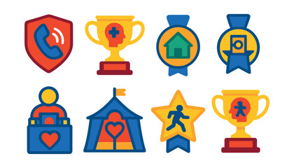 Fototapeta premium Flat vector icons of emergency social support: disaster relief hotline badge, emergency mental health team trophy, safe shelter sign medal, urgent food drop ribbon, care kit distribution icon,