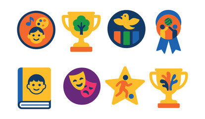 Flat vector icons of children&rsquo;s right to play and culture: cultural participation badge, free access to parks trophy, traditional games promotion medal, inclusive recreation programs ribbon, children