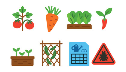 Flat vector icons of vegetable gardening: tomato plant icon, carrot harvest bunch, lettuce row bed, pepper sprout symbol, raised bed garden, trellis with beans, watering schedule chart, garden pest