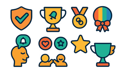 Flat vector icons of emotional well-being in UI: stress-free app flow badge, user-friendly break reminders trophy, non-addictive app design medal, calming color palette ribbon, mindful app