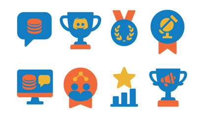 Fototapeta premium Flat vector icons of staking ecosystem communities: staking discussion forum badge, validator community discord trophy, community governance council medal, validator ambassador badge ribbon, staking