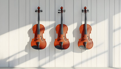 Fototapeta premium violins and their bows are positioned on a white wooden background, accompanied by copy space
