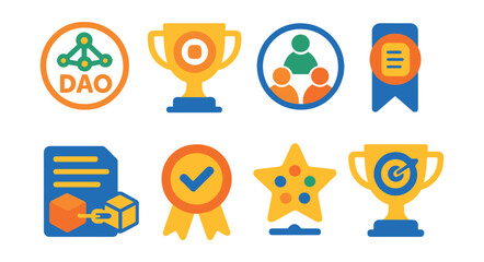 Flat vector icons of DAO basics: DAO organization structure badge, token-based governance trophy, decentralized community model medal, autonomous smart contract ribbon, DAO rules on blockchain icon,