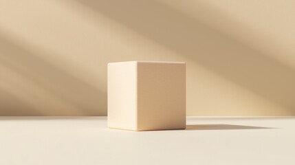 A light beige cube stands upright on a light beige surface, casting a shadow to its right.
