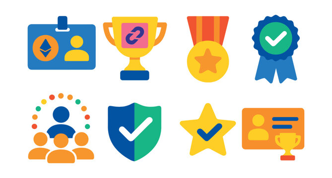 Flat vector icons of DAO identity and reputation: decentralized ID badge, on-chain profile trophy, proof of contribution medal, reputation staking ribbon, Sybil resistance system icon, identity