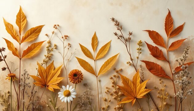 Pressed botanical art with autumn leaves, dried flowers in earthy tones. Earthy color palette with fall foliage, dried herbs create vintage decor. Natural autumn season background for design. Rustic