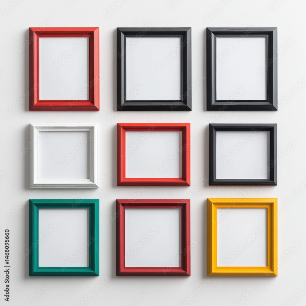 Poster colorful empty frames arrangement on white background for display ideas