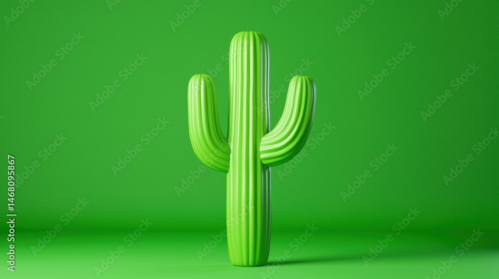 Poster a 3d rendering of a cactus with a green body and spines.