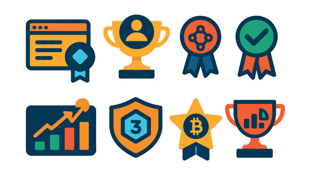 Flat vector icons of Web3 job tools: bounty board viewer badge, on-chain freelancer profile trophy, DAO hiring portal medal, task completion verifier ribbon, contributor reputation graph icon, Web3