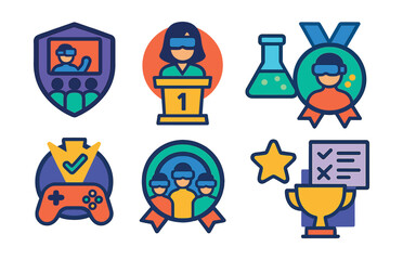 Fototapeta premium Flat vector icons of education in the metaverse: virtual classroom badge, teacher avatar podium trophy, digital whiteboard tool medal, VR science lab ribbon, knowledge quest game icon, study group