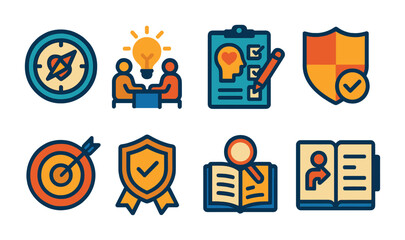 Flat vector icons of values and purpose discovery: personal values compass badge, life purpose workshop icon, core beliefs self-assessment, value-based decision-making badge, purpose-driven goal
