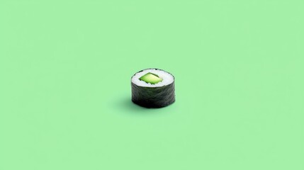 A single sushi roll with a slice of cucumber on top.