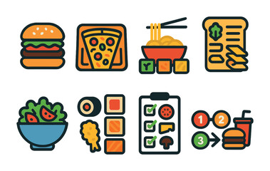 Flat vector icons of build-your-own menu options: customizable burger icon, pizza builder tray, noodle bar options, sandwich ingredient list, salad bowl selector, sushi roll builder, toppings