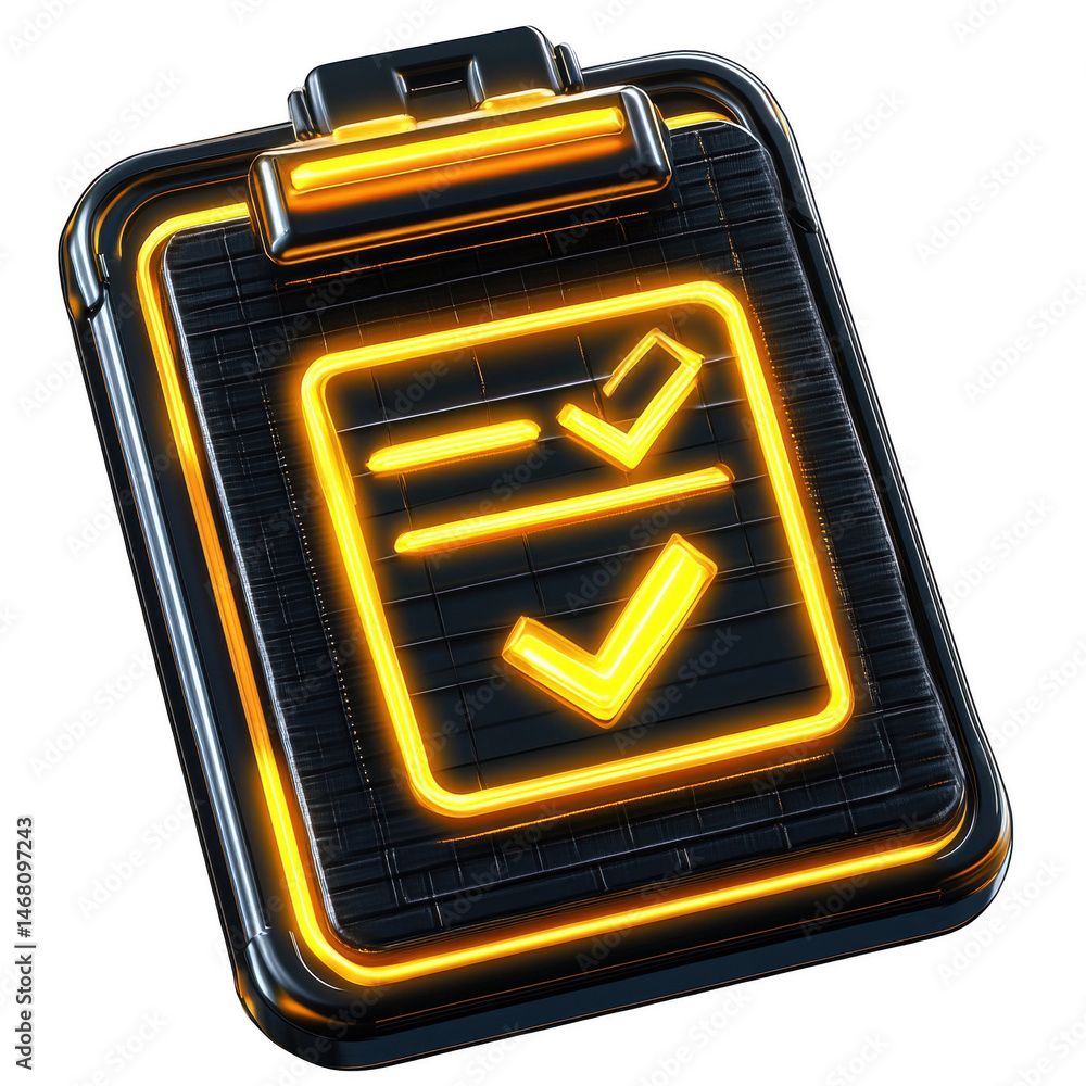 Poster neon checklist icon 3d render dark background orange glow futuristic on transparent background task
