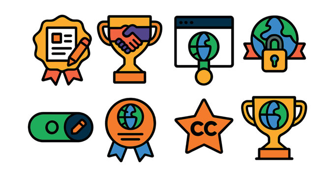 Flat vector icons of world ownership and rights: creator ownership certificate badge, builder collaboration agreement trophy, licensing info window medal, world version lock ribbon, editable rights