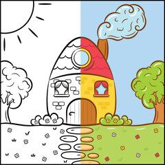 half colored cartoon house coloring page with sketch drawing for easy coloring