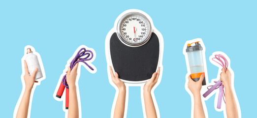 Female hands with sports water bottles, skipping ropes and weight scales on blue background