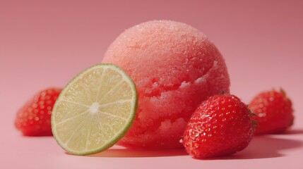 Pink Delight Strawberry Sorbet with Lime  Berries on a Pastel Background.