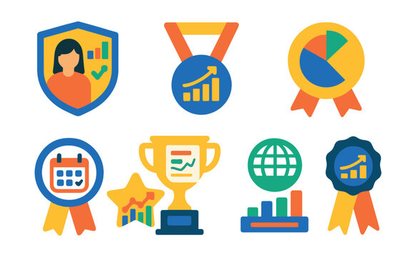 Flat vector icons of educational analytics: student performance dashboard badge, learning progress tracker medal, academic test scores analytics trophy, course completion analysis ribbon, attendance