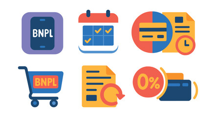 Flat vector icons of buy now, pay later solutions: BNPL app icon, installment plan calendar, purchase split payment badge, delayed billing icon, shopping cart with BNPL option, pay later invoice,