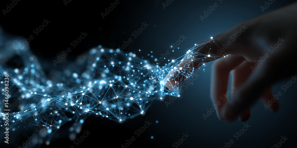 Poster Fingertip interacting with glowing blue network, abstract digital connection visualization, symbolizing technology, innovation, and interaction