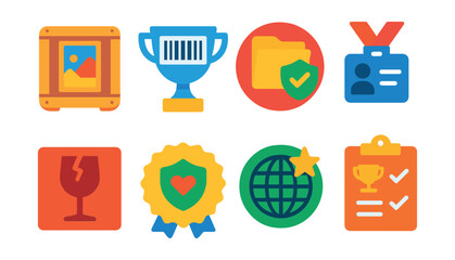 Flat vector icons of art shipping for exhibitions: padded art crate badge, tracking barcode label trophy, customs clearance file medal, art handler ID ribbon, fragile item sticker icon, shipping