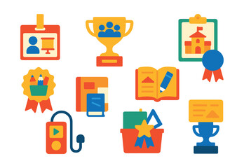 Flat vector icons of education and learning at exhibitions: public lecture schedule badge, guided group tour trophy, school visit clipboard medal, learning corner supplies ribbon, exhibition activity