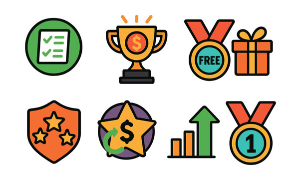 Flat vector icons of betting winnings and bonuses: winning bet slip badge, jackpot payout trophy, free bet bonus medal, welcome bonus offer ribbon, loyalty program rewards badge, cashback on losses
